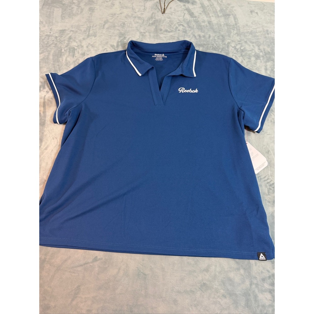 Reebok Womens Blue V-Neck Polo Shirt Short Sleeve White Trim XXXL NWT